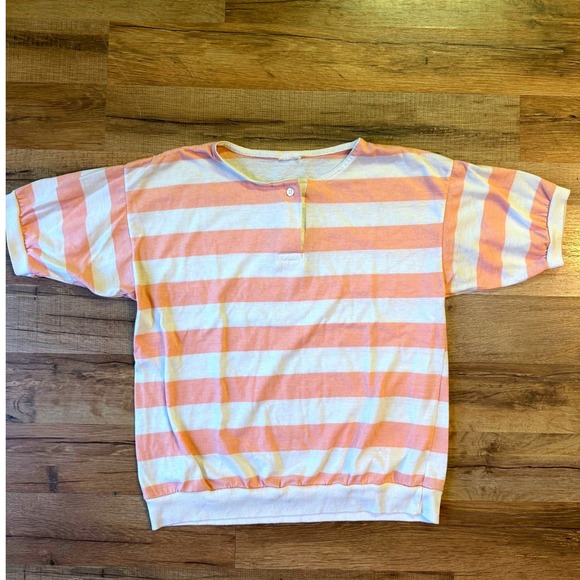 Unbranded Tops - Vintage‎ Knit Top Pink White Striped Henley Vintage Retro Short Sleeve Tee
